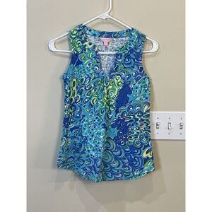 Lilly‎ Pulitzer Marlow Tank Top Lilly's Lagoon Print Notch Neck XS Style 12271